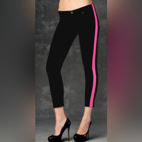 Hudson Lou Lou Black Cropped Skinny Jeans w Barbie Pink Tuxedo Stripes - Picture 1 of 6